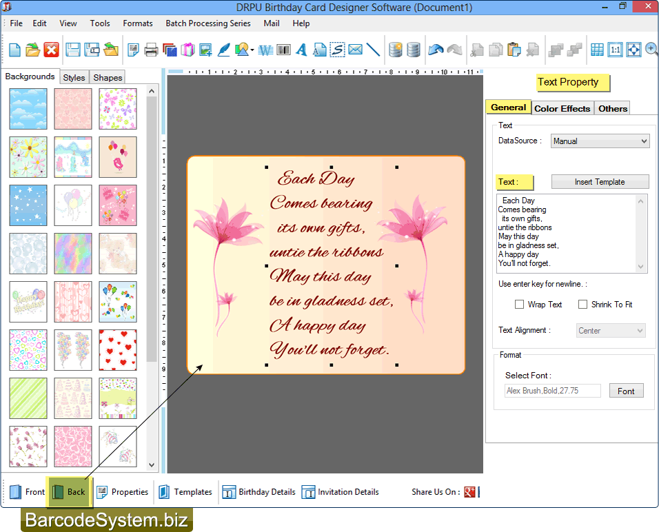 Design back view of card Design back view of card