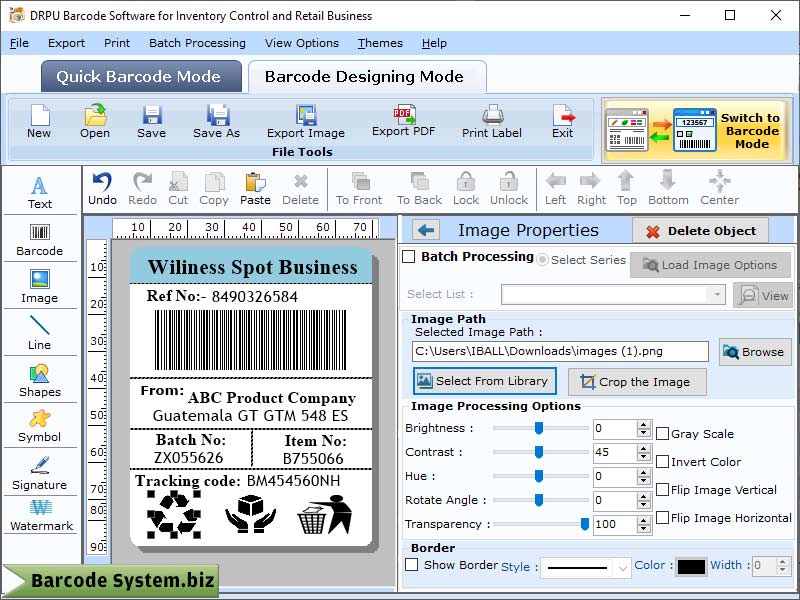 Screenshot of Inventory Barcodes Designing Tool