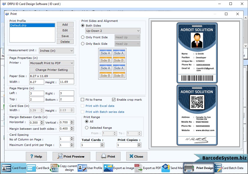 Print preview of id card