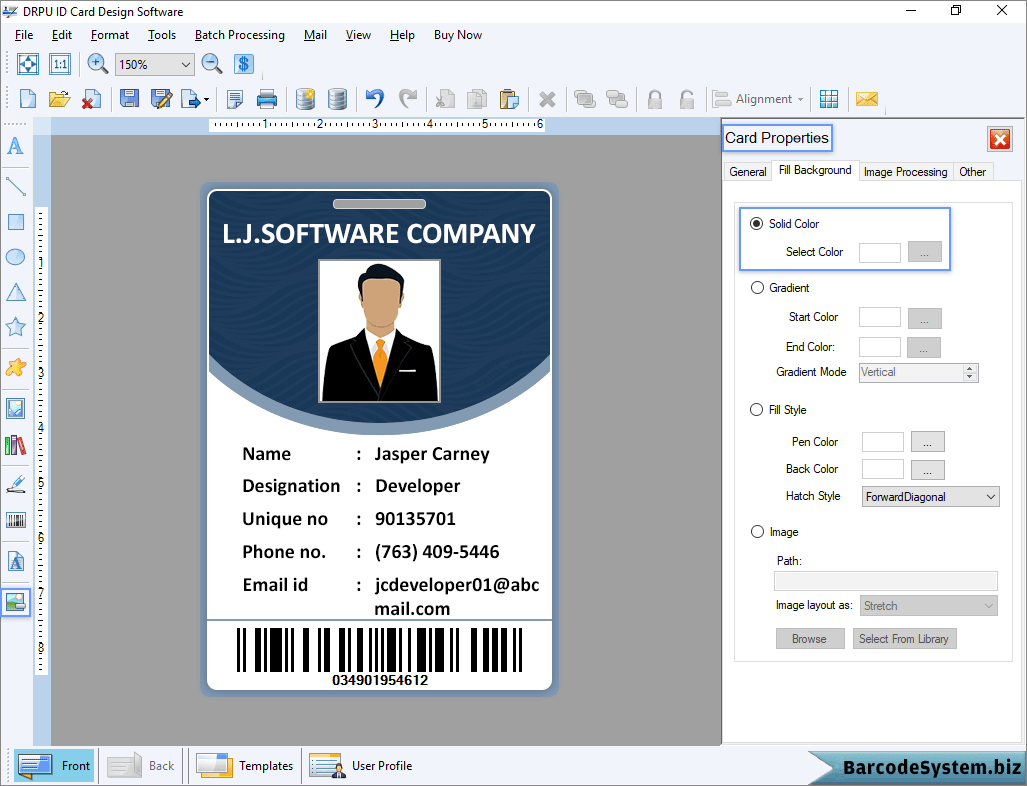 Front view of id card