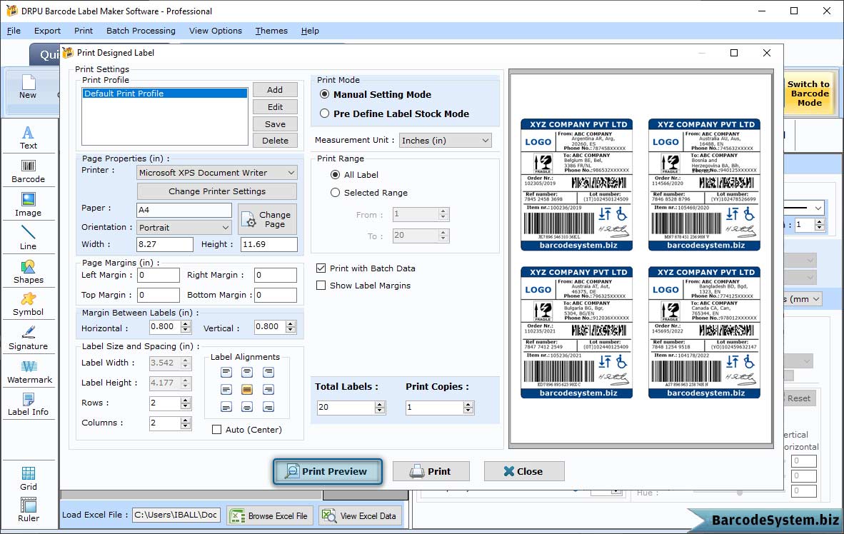 Print preview of barcode labels