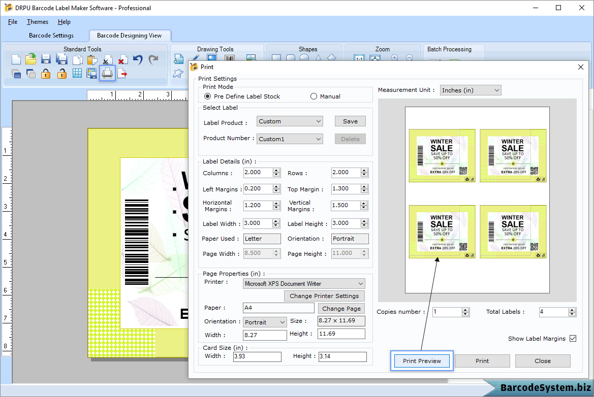 Print preview of barcode labels